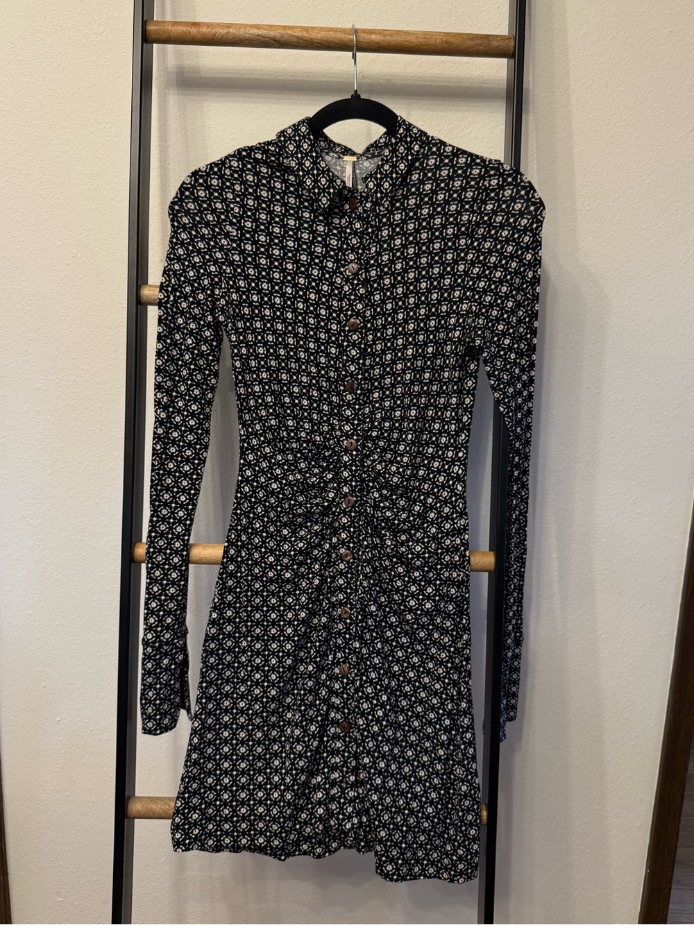 Free People Black Floral Button-Front Long-Sleeve Mini Dress